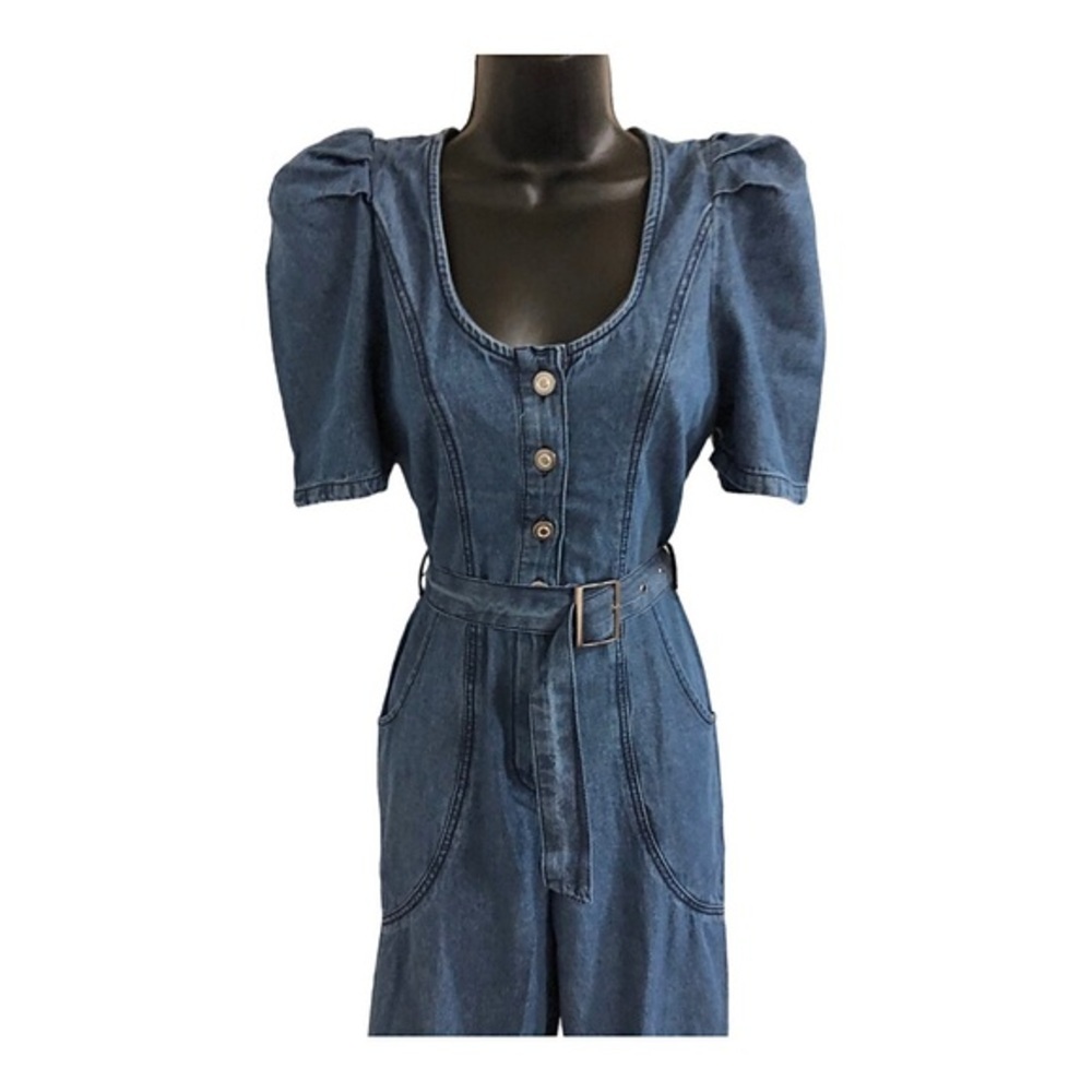 Jessica Simpson blue jeans denim puff sleeve adjustable hem jumpsuit size XS new - Picture 13 of 16